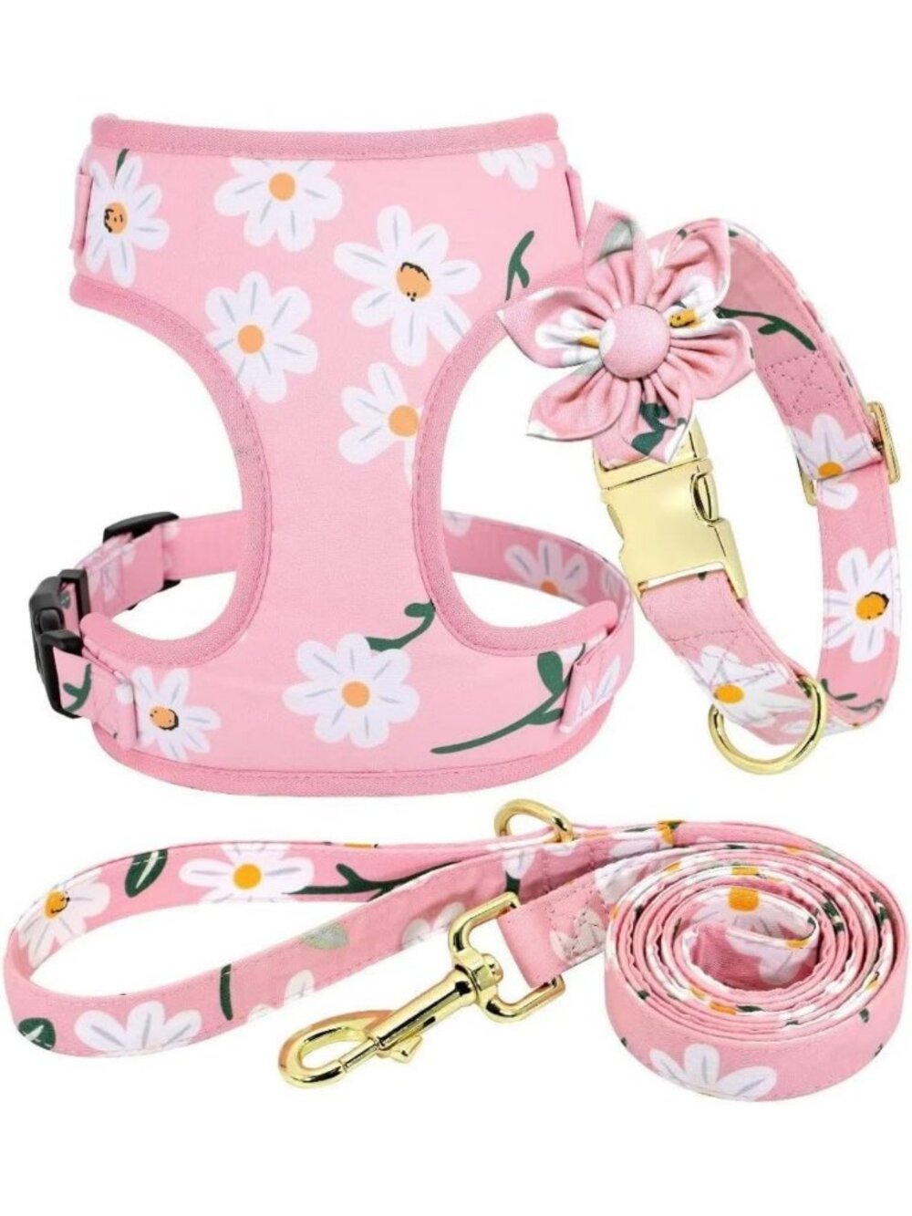 Floral Pattern Pink Dog Collar, Harness & Leash Set - Cute Pet Accessories M
